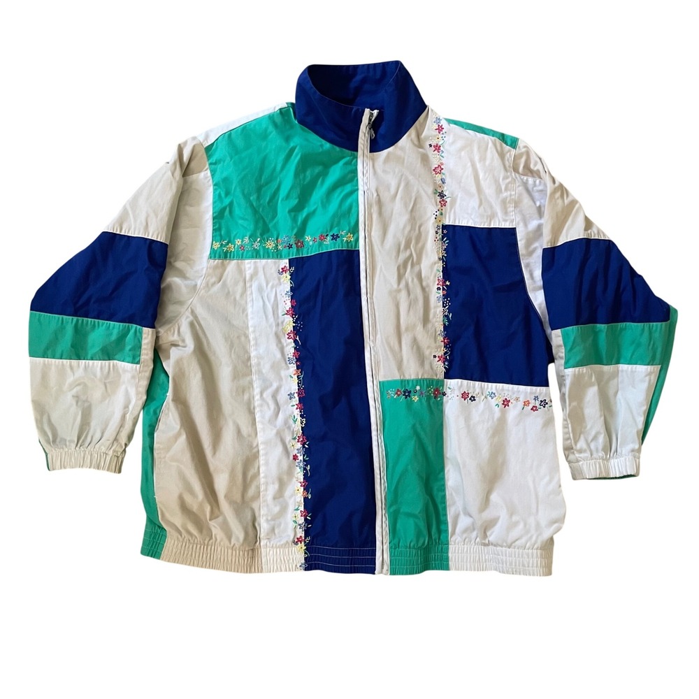 Koret Francisca Vintage 90s Colorblock Floral Embroidered Jacket 2X Green Blue